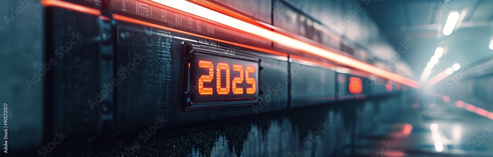 Digital Countdown Timer Displaying 2025 in a Dark, Wet Urban Environment at Night Digital Countdown Timer Displaying 2025 in a Dark, Wet Urban Environment at Night