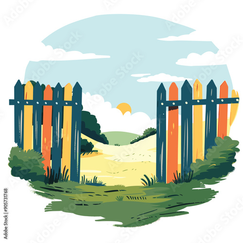 colorful wooden fence meadow symbolizes openness new opportunities. Sunrise paints sky hues blue yellow, dappled drifting clouds. Pathway leads through lush greenery distant hills. Open wooden gate