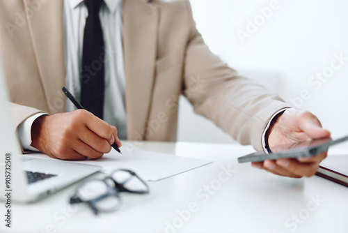 Open man document businessman business job desk hands write suit pen plan young