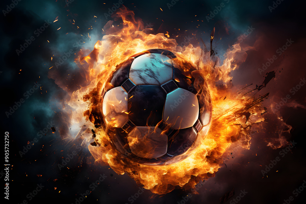 Fototapeta premium Blazing soccer ball crashing into the goal flames Generative Ai,