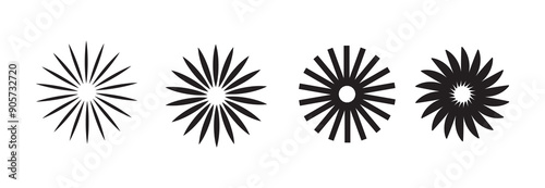 Black radial circle set. Sonar or sound wave ring collection. Halftone and linear epicentre, target, radar icon concept. Ripple concentric signal vibration elements. Vector dashed and dotted symbols 