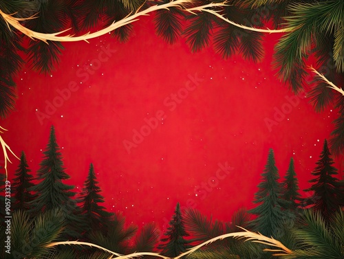 christmas background with green fir tree on red background. photo