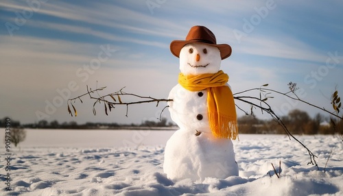 funny snowman in stylish brown hat and yellow scalf on snowy field blue sky on background photo