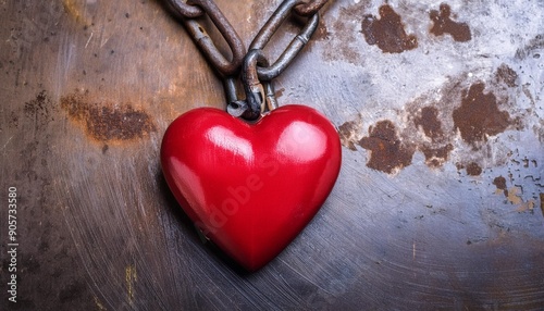 weathered metallic red heart chained on rustic metal background valentine s day theme ai generative illustration photo