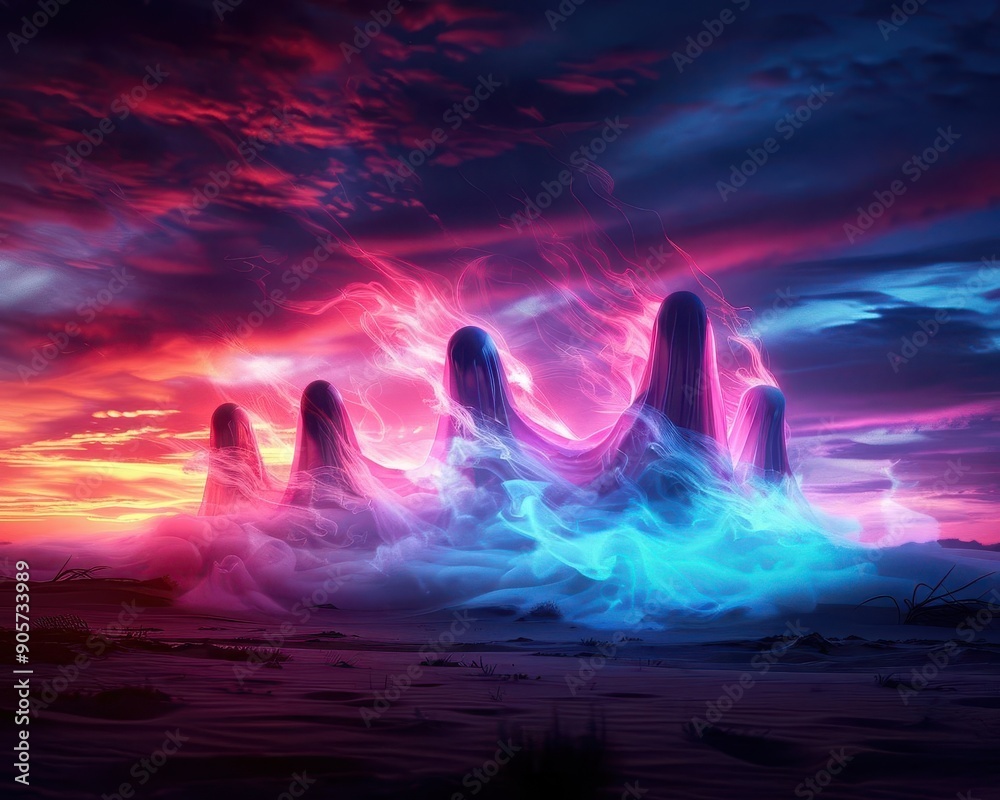 Fototapeta premium Spirit world with floating ghostly figures and misty surroundings, Fantasy, Neon hues, Digital art