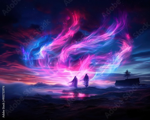 Spirit world with floating ghostly figures and misty surroundings, Fantasy, Neon hues, Digital art photo