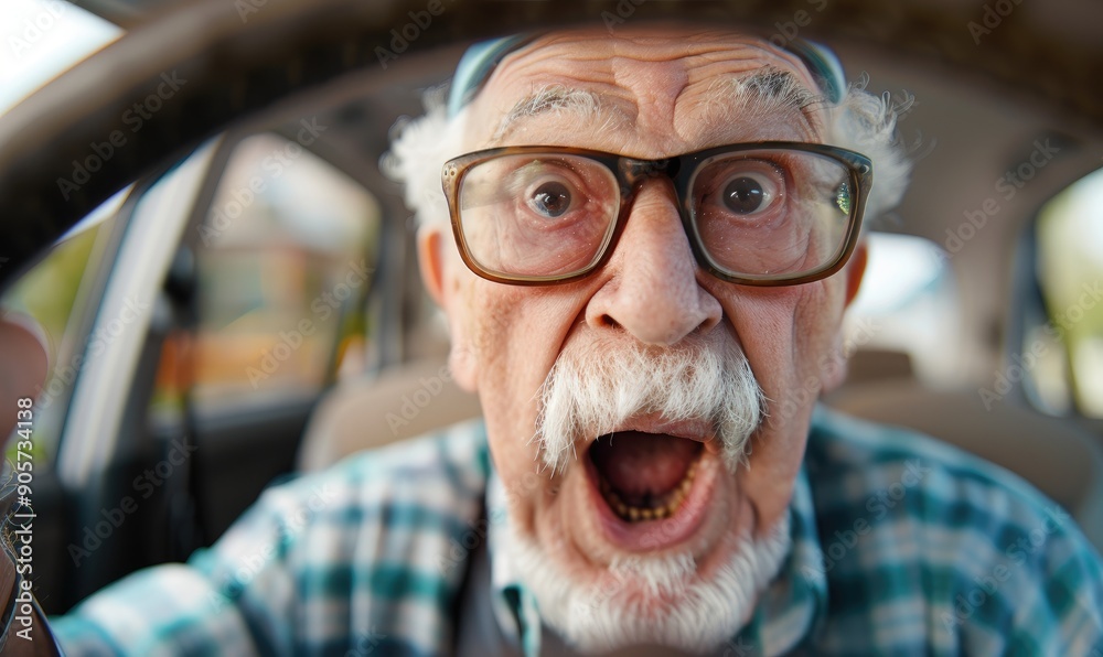 Elderly Man's Comical Surprise Face While Driving Elderly Man's Comical Surprise Face While Driving