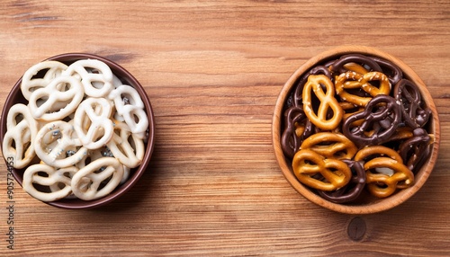 white and dark salted chocolate covered mini pretzels in a bowl on wood table homemade assorted mini pretzel chip cookies on wooden background top view copy space