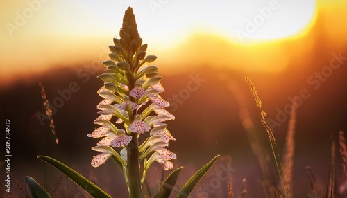 lizard orchid or himantoglossum hircinum in evening light photo