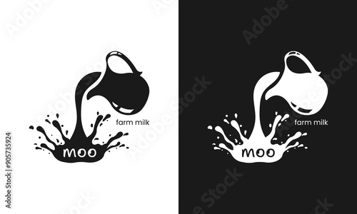 Logo for farm milk Moo with jug and flowing milk.Fresh milk label,badge,logo in 2 colors.Vector illustration.