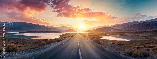 Lake District Panorama Photo with Road stretching out into the Distance. Beautiful Mountain Scene at Sunset.