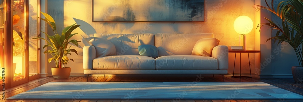 Inviting Living Room Interior with Cozy Sofa, Accent Table, Shelves, and Warm Glowing Lights for a Welcoming Ambiance