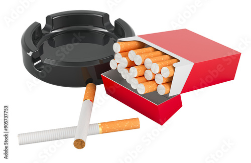 Pack of cigarettes with ashtray, 3D rendering isolated on transparent background photo