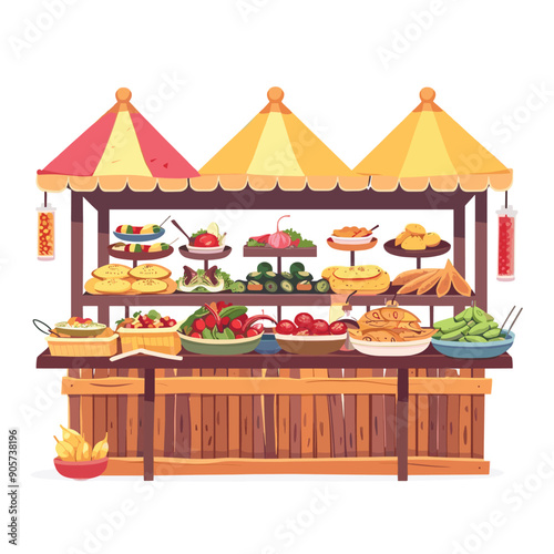 Market food stall featuring various fresh vegetables, delicious pastries, colorful fruits. Market setting highlights wooden structure, yellowred canopy, plates, vegetables, pastries, abundant food photo