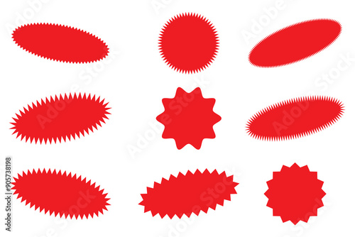 Starburst red sticker set - collection of special offer sale round and oval sunburst labels and buttons isolated on white background. Promo stickers with star edges. Vector 