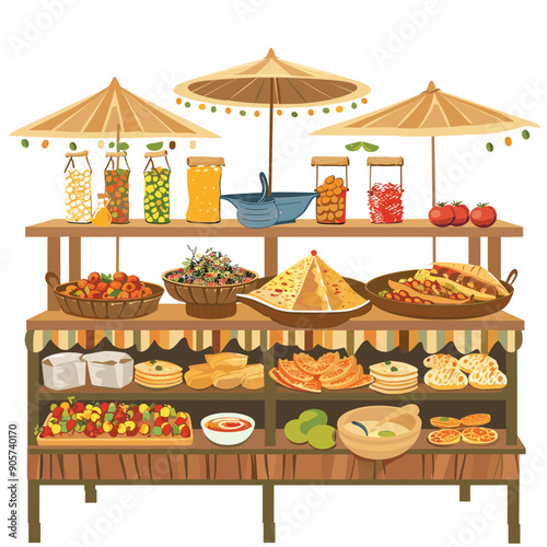 Outdoor market stall displaying various fresh fruits, vegetables, homemade delicacies under large umbrellas. Different types bread, cheese, jams, pickles arranged shelves. Isolated white background