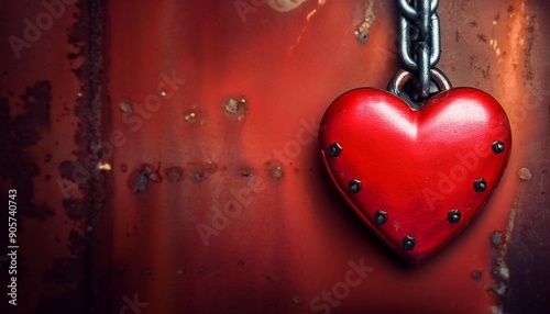 weathered metallic red heart chained on rustic metal background valentine s day theme ai generative illustration photo