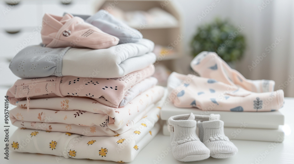 Neatly folded baby onesies and booties arranged in a tidy stack, creating a cozy and organized baby room atmosphere. Perfect for baby product promotions. Neatly folded baby onesies and booties arranged in a tidy stack, creating a cozy and organized baby room atmosphere. Perfect for baby product promotions.