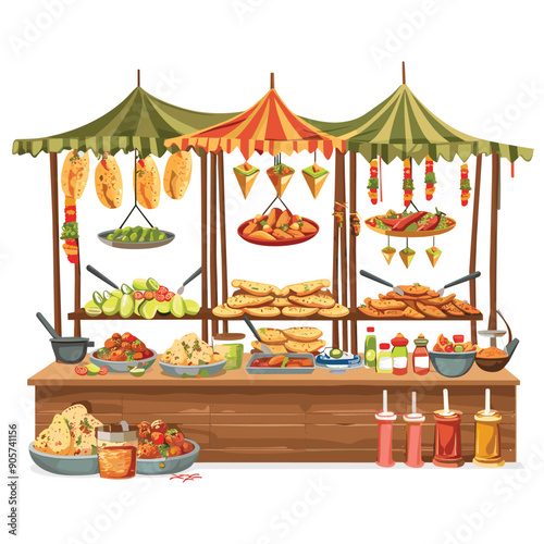 Street food market stall featuring variety snacks kebabs, bread, sauces under colorful canopies isolated white background. Traditional Indian, Middle Eastern cuisine condiments fresh vegetables