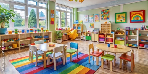 Bright and Playful Kindergarten Classroom Interior with Rainbow Rug and Colorful Toys, kindergarten classroom, classroom decor, preschool, learning space
