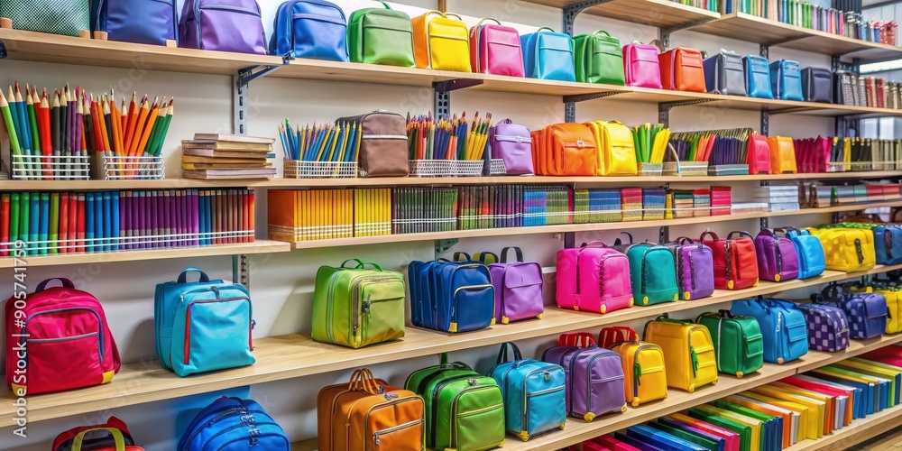 Obraz premium Colorful Backpacks and Stationery on Wooden Shelves, school supplies, bookstore, classroom , education