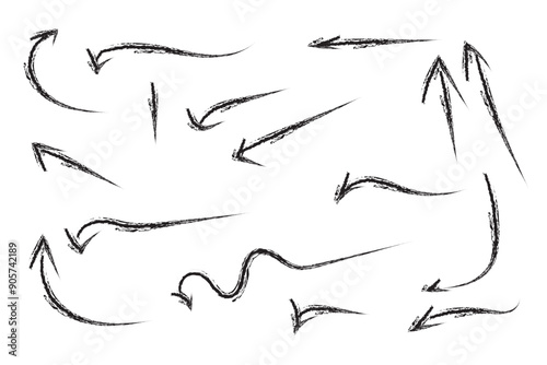 Grunge arrow brush drawn. Arrows with grunge lines. 