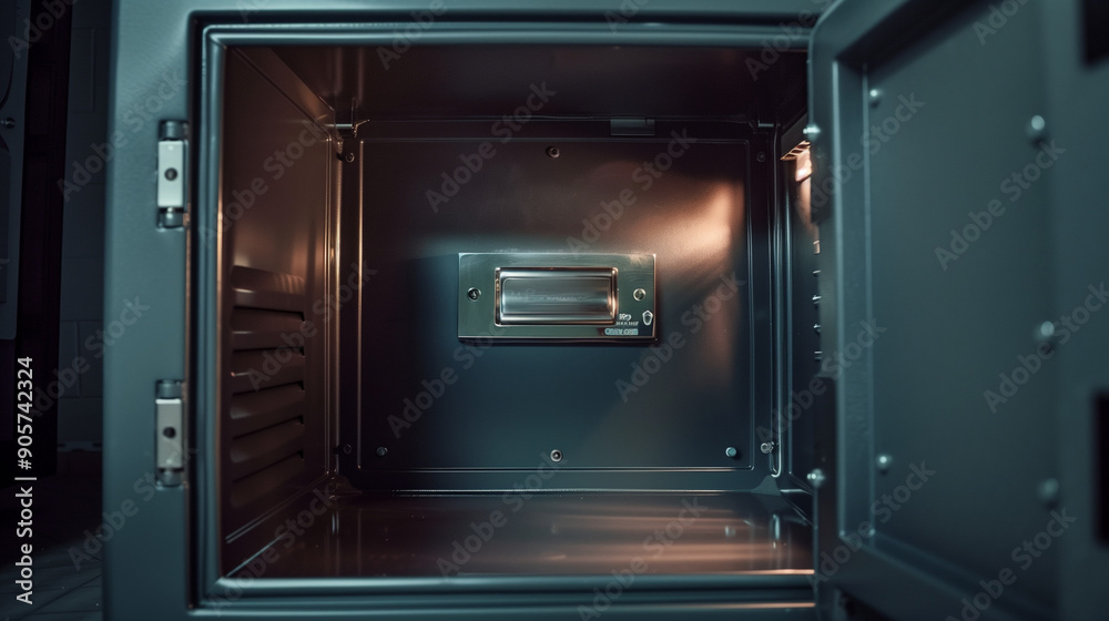 The interior of an open, empty safe, with metal walls and a clean finish. Suitable for themes like security, safety, finance, and protection. The interior of an open, empty safe, with metal walls and a clean finish. Suitable for themes like security, safety, finance, and protection.
