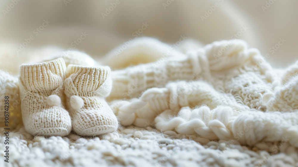Fototapeta premium Cozy, white knitted baby booties on a soft blanket. Perfect for baby showers, newborn themes, and cozy, warm settings.
