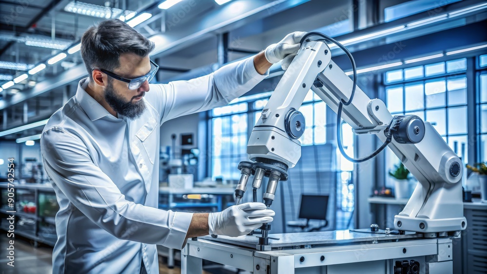Engineer Working with Robotic Arm in a Modern Factory, Industrial Robot, Automation, Manufacturing, Technology Engineer Working with Robotic Arm in a Modern Factory, Industrial Robot, Automation, Manufacturing, Technology