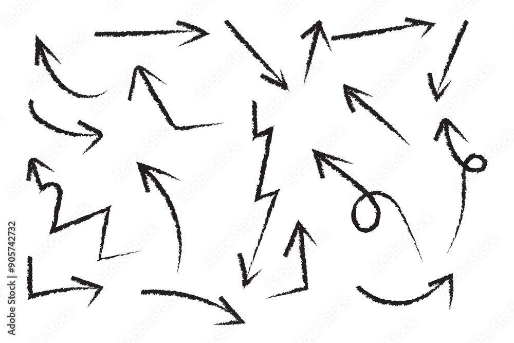 Arrows with grunge lines. Hand drawn set of doodle arrow icons. Collection of hand free curved lines and pointers. Arrows with grunge lines. Hand drawn set of doodle arrow icons. Collection of hand free curved lines and pointers.