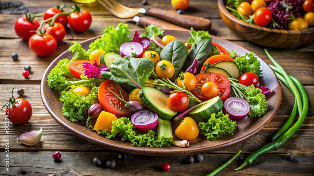 Fresh Salad with Tomatoes, Cucumbers, and Red Onions on Wooden Table, salad , vegetables , healthy , food Fresh Salad with Tomatoes, Cucumbers, and Red Onions on Wooden Table, salad , vegetables , healthy , food
