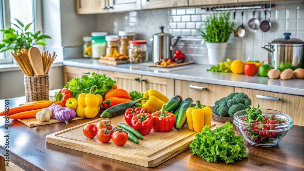 Fresh Vegetables on a Wooden Cutting Board in a Kitchen, food , kitchen , healthy , cooking Fresh Vegetables on a Wooden Cutting Board in a Kitchen, food , kitchen , healthy , cooking