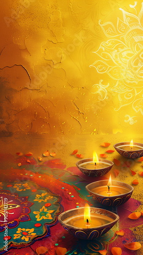 Bright and cheerful Diwali scene with a sunny yellow background, decorated with vibrant rangoli designs, floating lanterns, and festive oil lamps glowing warmly. Oriental festival of lights. Ramadan photo