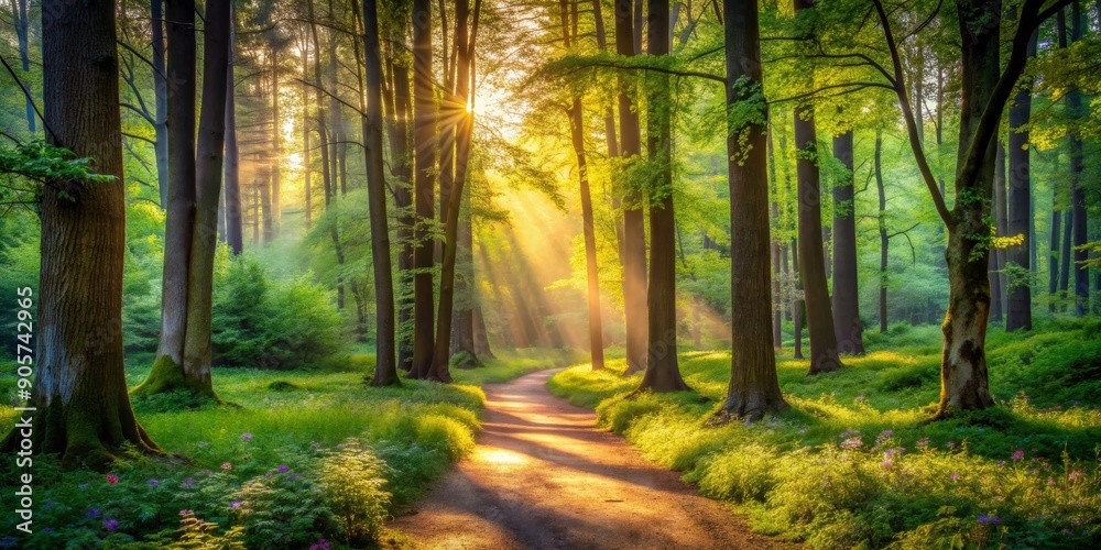 Obraz premium Golden Rays of Dawn in a Forest Path, Photography , Nature , Landscape , Sunlight