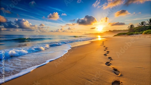 Golden Hour Footprints on a Tropical Beach, Seascape, Sunset, Ocean, Beach