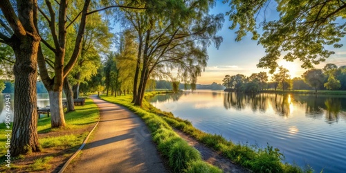 Golden Hour Path by the Lake, Sunrise, Trees, Peaceful, Nature