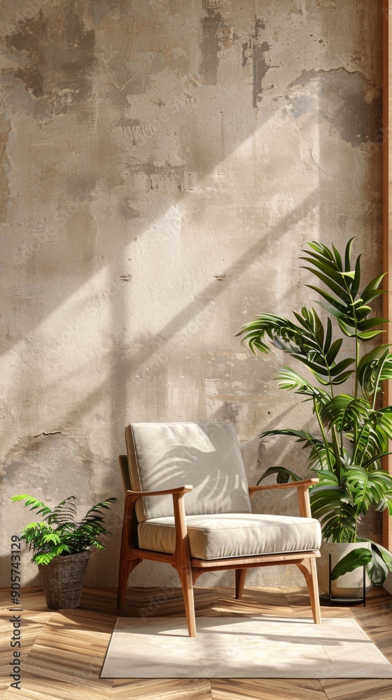 Stylish Living Room Interior with an Accent Chair and Potted Plants Near a Beige Wall, Exuding a Modern and Eco-Chic Ambiance Stylish Living Room Interior with an Accent Chair and Potted Plants Near a Beige Wall, Exuding a Modern and Eco-Chic Ambiance
