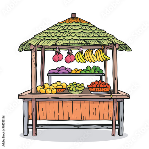 Colorful tropical fruit stand displaying bananas, avocados, apples, grapes, papayas. Bamboo frame leaves roof creating exotic, farmfresh market feel. Isolated white background highlighting handdrawn