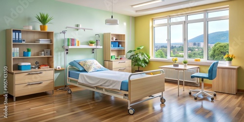 Hospital Room with Bed, Light Green Walls, and a View, hospital room, hospital bed, interior design, modern design