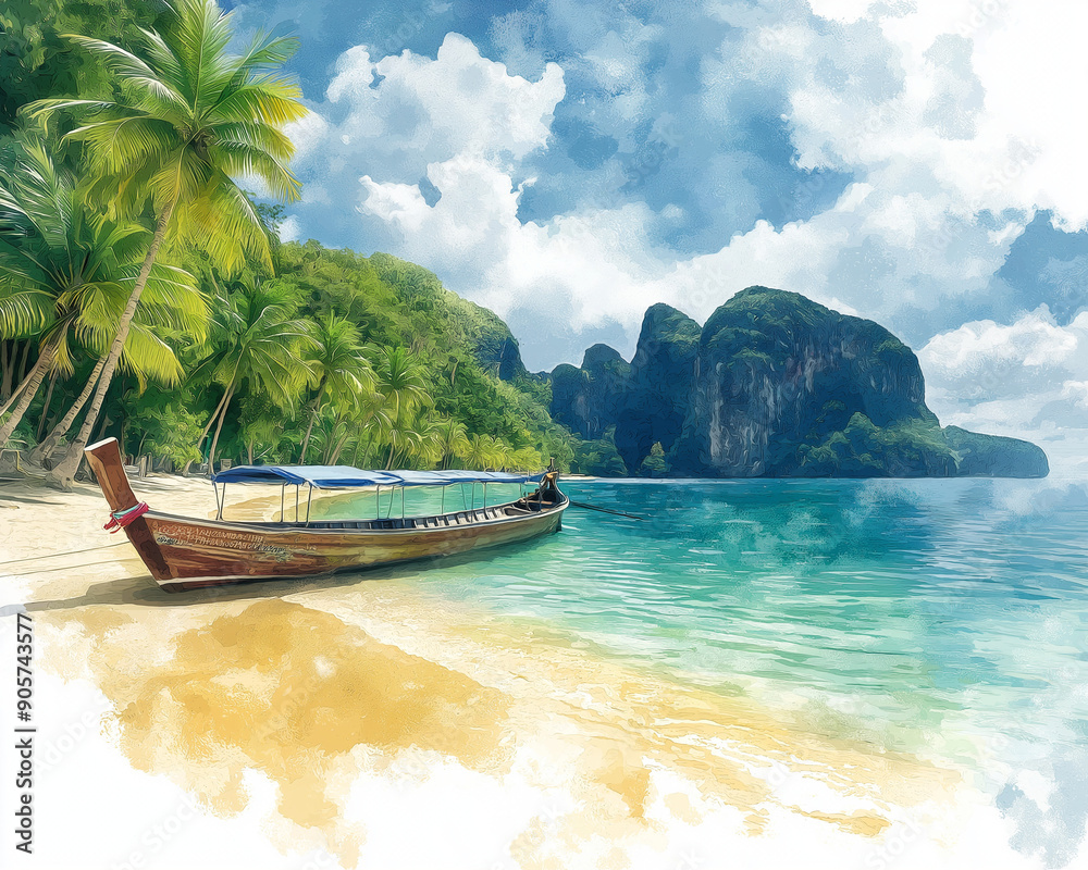 Obraz premium Tropical Beach with Longtail Boat