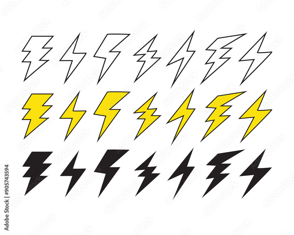 Set lightning bolt. Thunderbolt flat style - stock vector. Lightning icon set. Set lightning bolt. Thunderbolt flat style - stock vector. Lightning icon set.