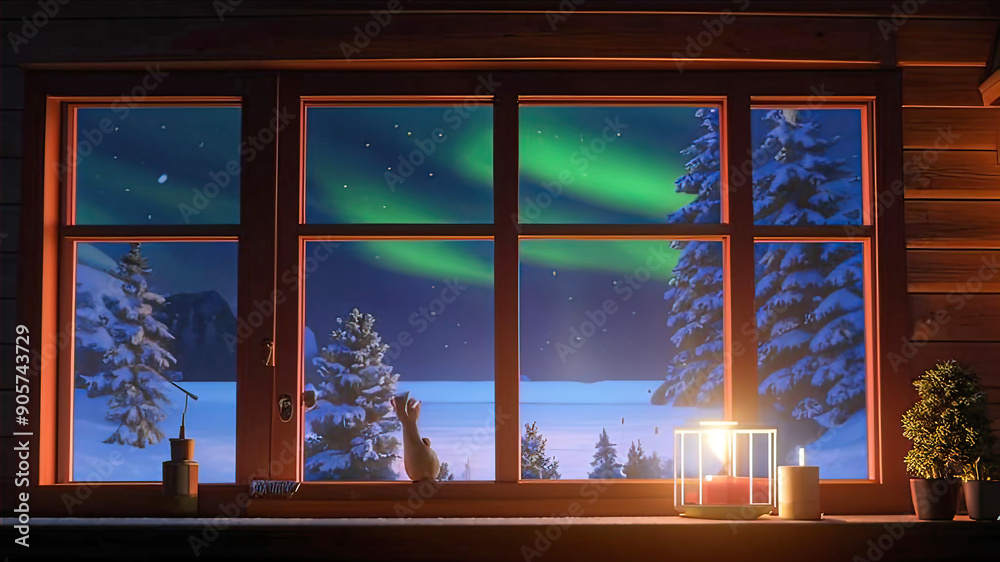 view from the window of the Northern Lights, winter northern landscape, anticipation of Christmas, cozy room in winter, view from the window of the Northern Lights, winter northern landscape, anticipation of Christmas, cozy room in winter,