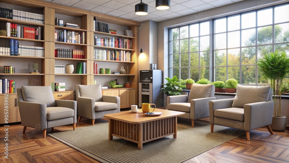 Modern Living Room with Bookcase, Armchairs and Coffee Table, Interior Design, 3D Rendering, Furniture, Living Space, Room Design Modern Living Room with Bookcase, Armchairs and Coffee Table, Interior Design, 3D Rendering, Furniture, Living Space, Room Design