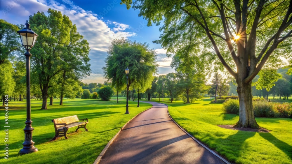 Fototapeta premium Morning Light on a Winding Path Through Green Trees, Bench, Lamppost, Park , Nature , Pathway , Sunlight