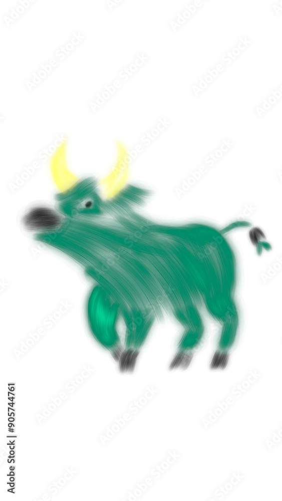Fototapeta premium green neon glowing fluorescent bull representing a forward moving successful profitable stock market run or bull market