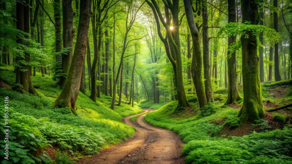 Obraz premium Sunlit Path Through Lush Forest, Wide Angle, Sunlight through Trees, Green Forest, Path, Nature , Forest