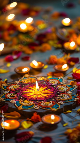 Festive Diwali scene with a colorful rangoli design made of bright flower petals, surrounded by twinkling fairy lights and traditional oil lamps. Oriental festival of lights. Ramadan photo