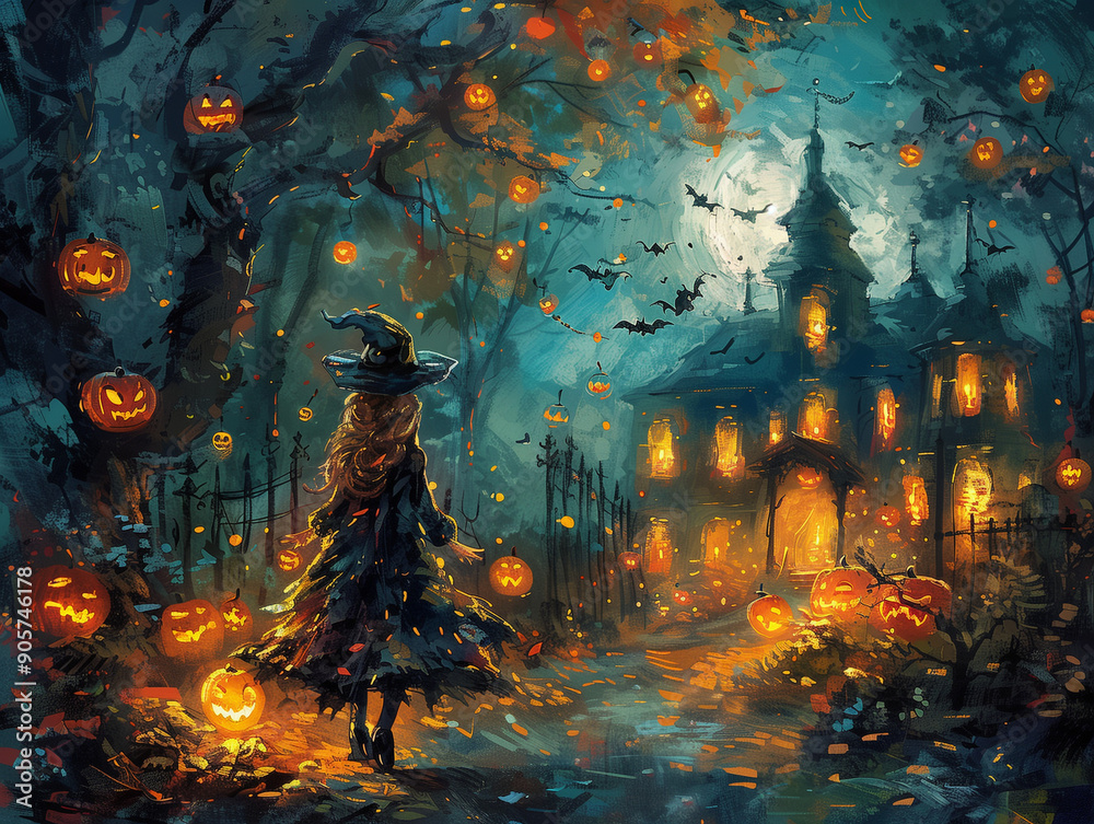 Mysterious Halloween Night with Witches and Glowing Jack-o'-Lanterns Mysterious Halloween Night with Witches and Glowing Jack-o'-Lanterns