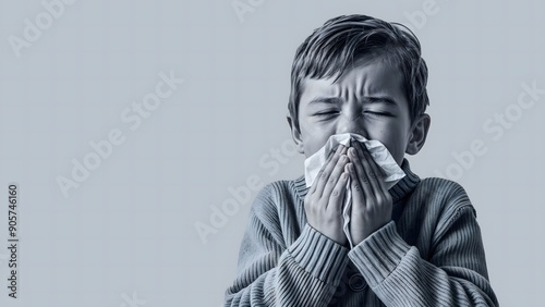 Sick Girl Blowing Her Nose with Tissue Paper