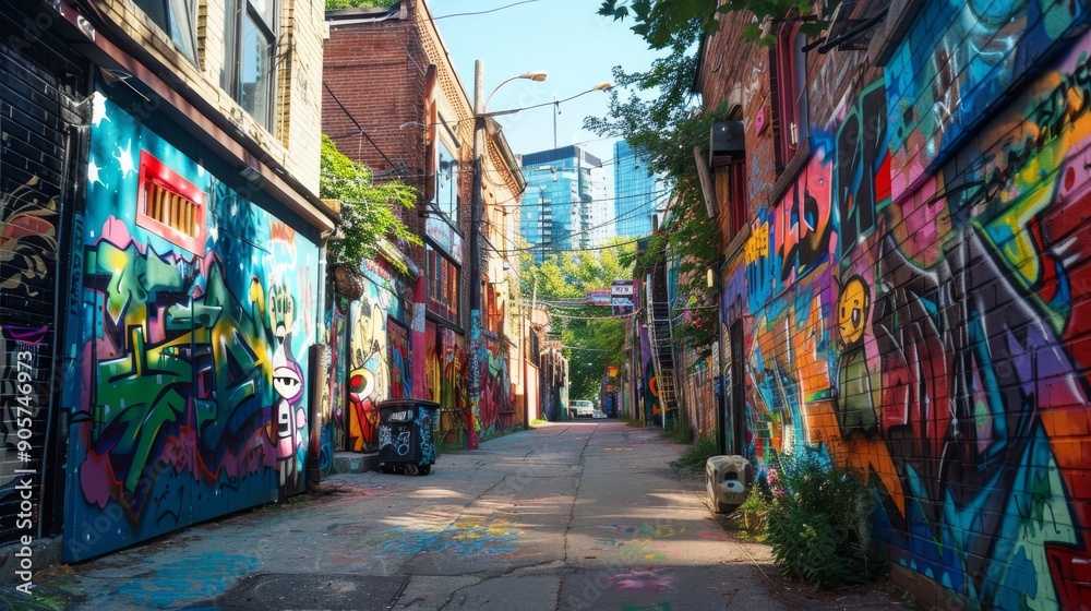 Fototapeta premium In an urban alley, a vibrant graffiti street art mural portrays a message of cultural expression and urban creativity.